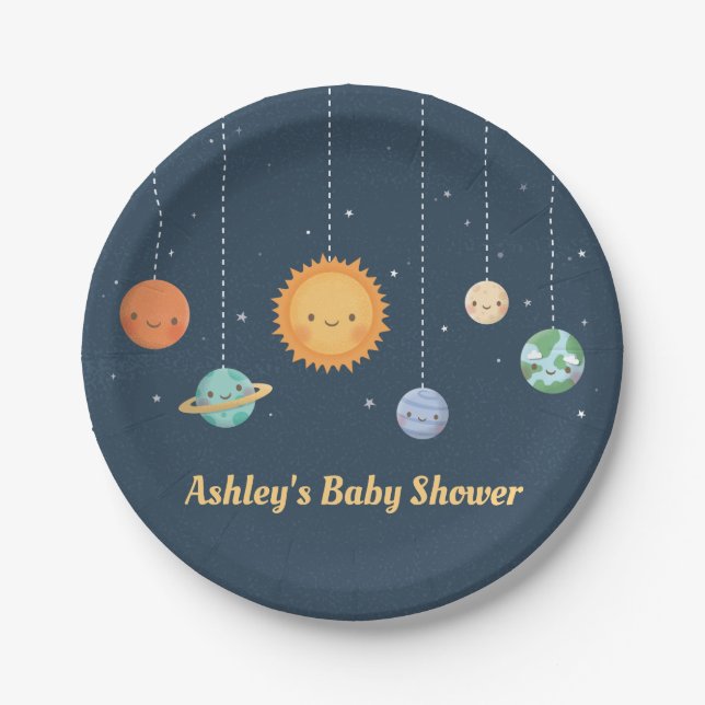 Cute Sun and Planets Space Baby Shower Supplies Paper Plate (Front)