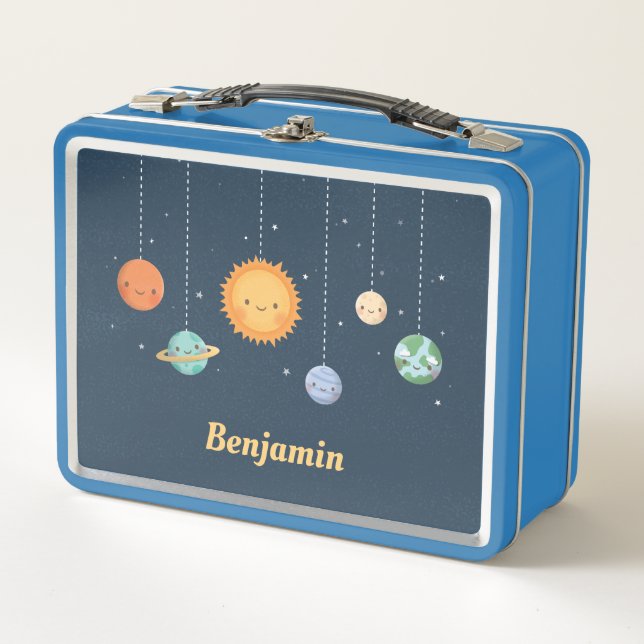 Cute Sun and Planets Space Themed Kids Metal Lunch Box (Front)