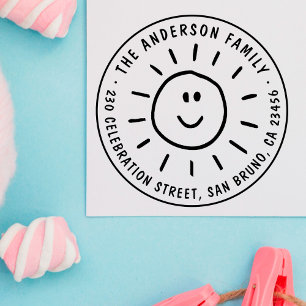Cute Sun Custom Family Name Round Return Address Rubber Stamp