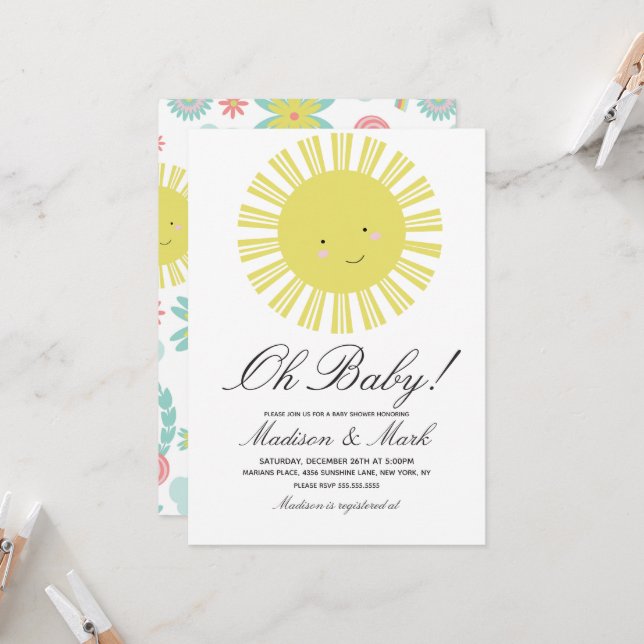 Cute Sun Floral Baby Shower Invitation (Front/Back In Situ)