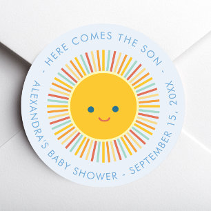 Cute Sun Here Comes the Son Blue Baby Boy Shower Classic Round Sticker