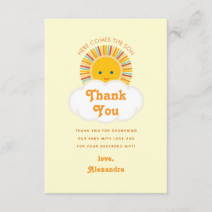 Cute Sun Here Comes The Son Orange Baby Boy Shower Thank You Card