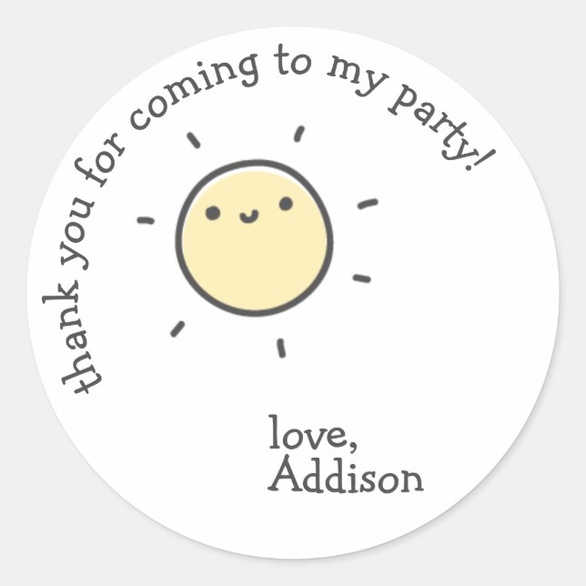 Cute Sun - Kids Birthday Thank You Classic Round Sticker (Front)