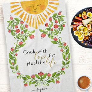 Cute Sun Red Flowers Personalised Tea Towel