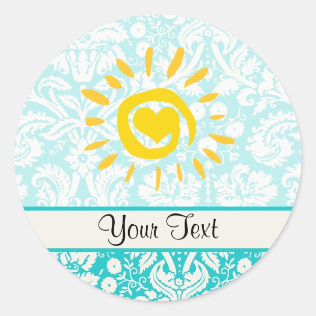 Cute Sun; Teal Damask Classic Round Sticker (Front)