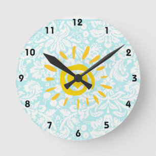 Cute Sun; Teal Damask Round Clock
