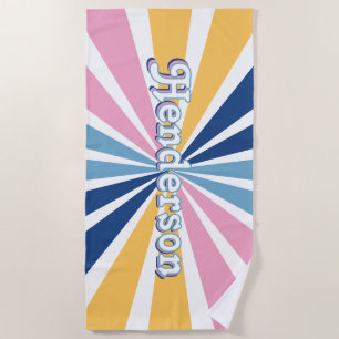 Cute Sunburst Retro Style Pink Blue Yellow White Beach Towel