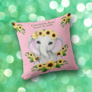 Cute Sunflower Baby Elephant Girl Throw Pillow