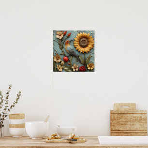 Cute Sunflower Bird Lady Bug Floral Poster