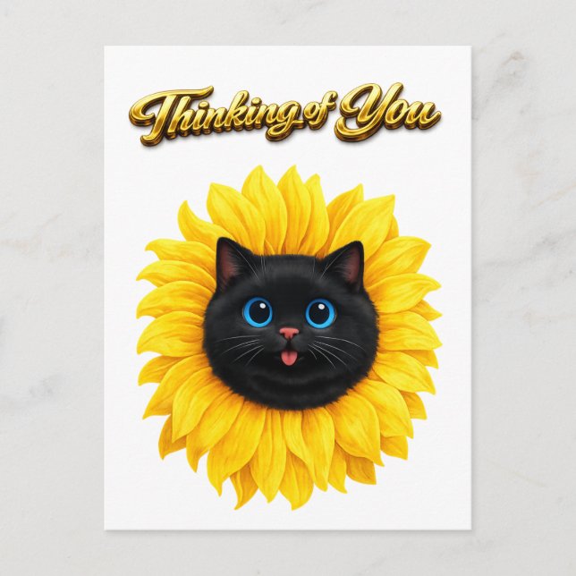 Cute Sunflower Black Cat Face Thinking of You Postcard (Front)