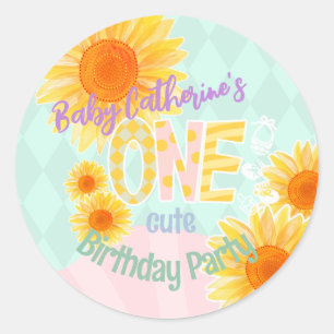 Cute Sunflower First Birthday  Classic Round Sticker