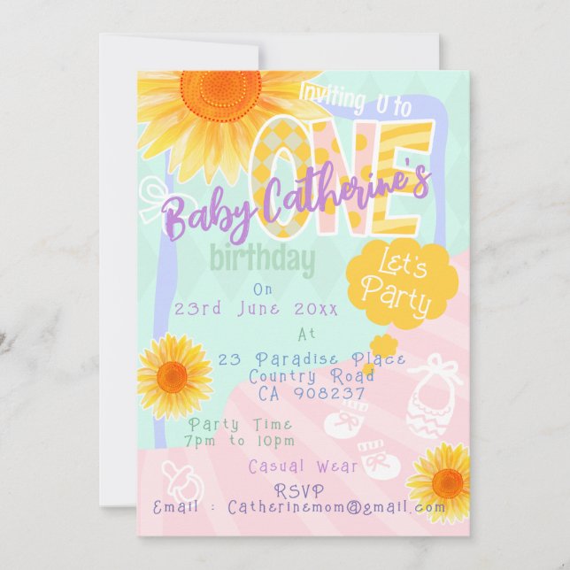 Cute Sunflower First Birthday Invitation Card (Front)