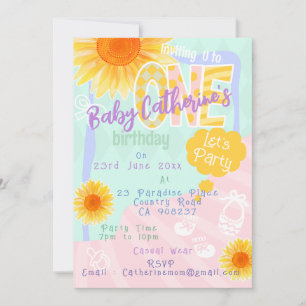 Cute Sunflower First Birthday Invitation Card