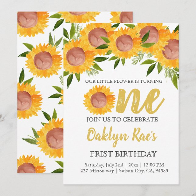 Cute sunflower floral kid first birthday invite (Front/Back)