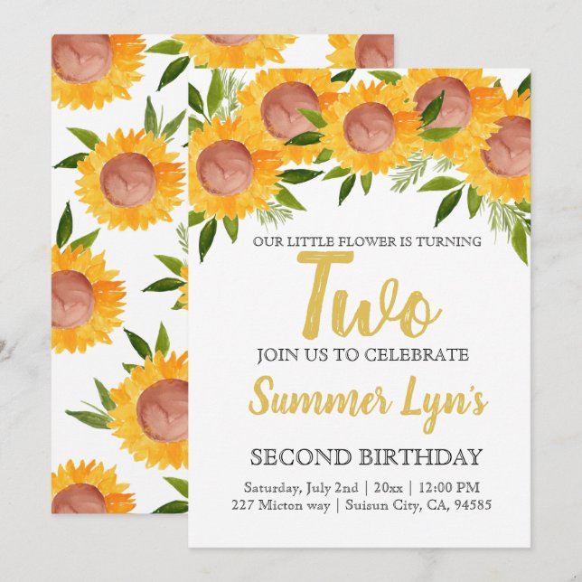 Cute sunflower floral kid second birthday invitation (Front/Back)