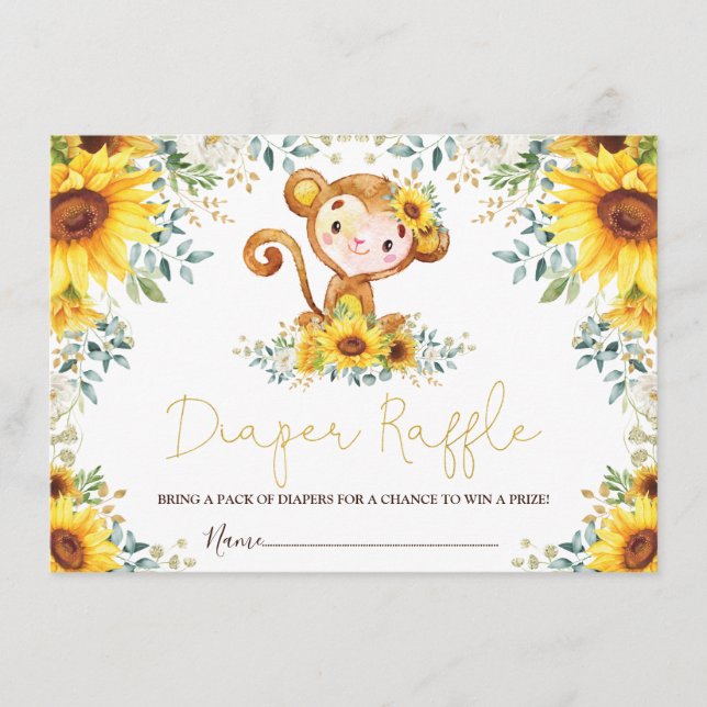 Cute Sunflower Jungle Monkey Baby Diaper Raffle Enclosure Card (Front)