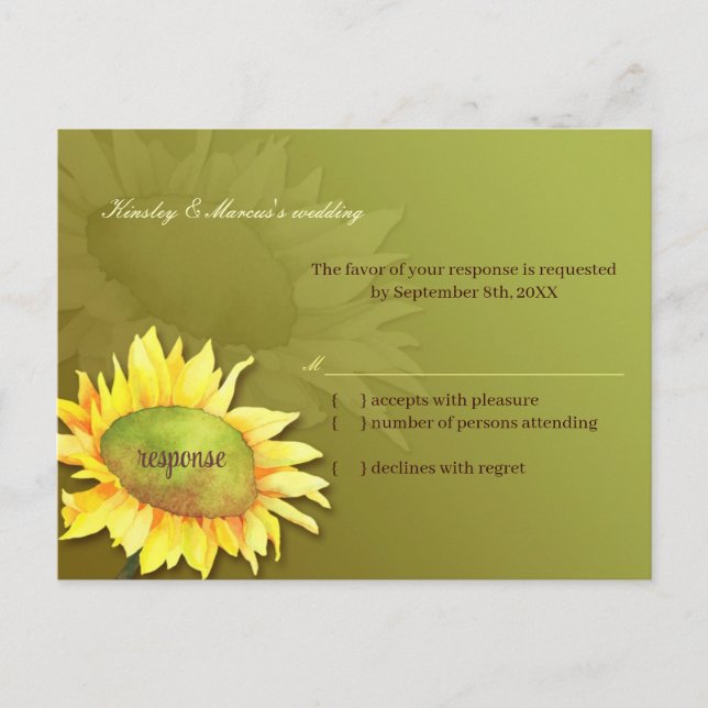 Cute Sunflower Olive Green Wedding RSVP Invitation Postcard (Front)