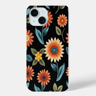 Cute Sunflower Pattern on Black Background iPhone 15 Case