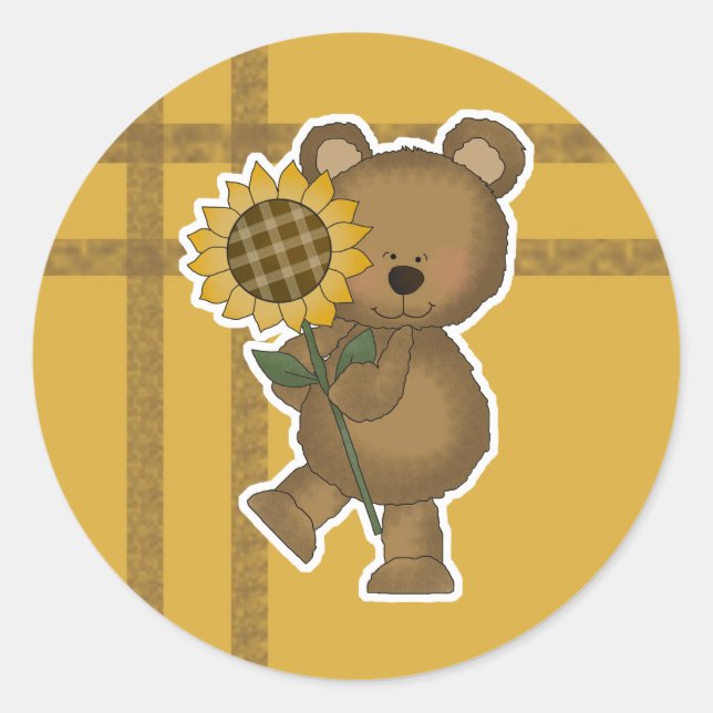 Cute Sunflower Teddy Bear Classic Round Sticker (Front)