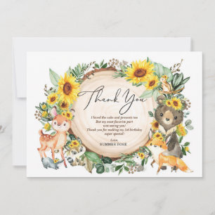 Cute Sunflower Woodland Animals Birthday Thank You Card