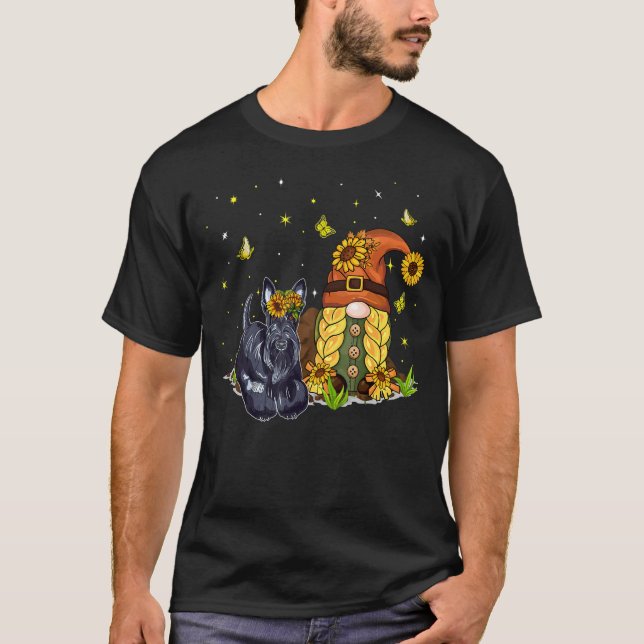Cute Sunflowers Gnome With Scottish Terrier Dog Lo T-Shirt (Front)