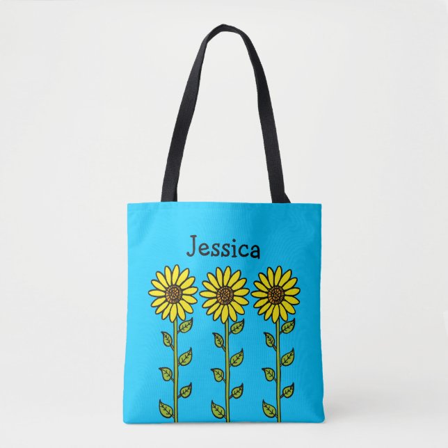 Cute Sunflowers Illustration Personalised Name Tote Bag (Front)