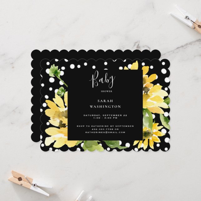Cute Sunflowers Polka Dot Baby Shower Scalloped  Invitation (Front/Back In Situ)