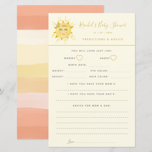 Cute Sunshine Baby Shower Advice and Predictions (Front/Back)