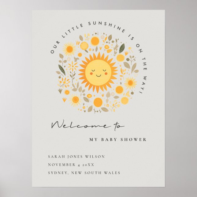 Cute Sunshine Boho Sun Baby Shower Welcome Poster (Front)