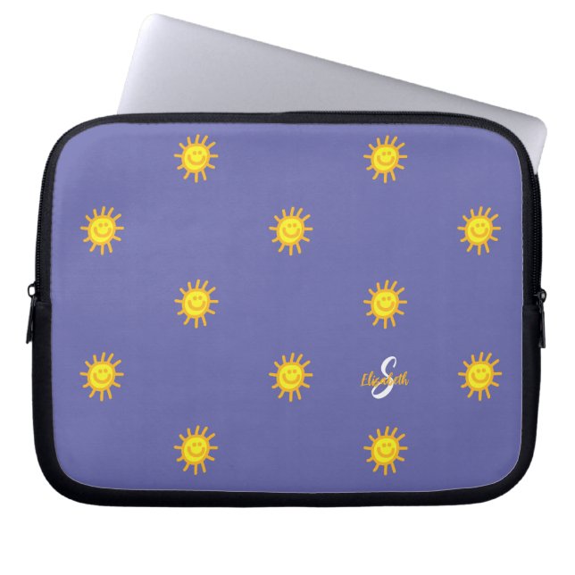 Cute Sunshine Happy Face Name Initial Periwinkle Laptop Sleeve (Front)