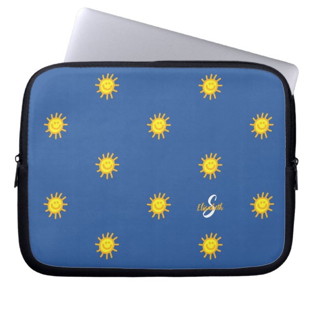 Cute Sunshine Happy Face Pattern Name Initial Blue Laptop Sleeve (Front)