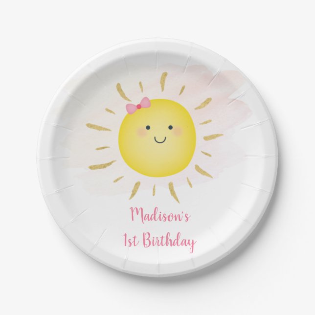 Cute Sunshine Pink & Gold Birthday Paper Plate (Front)