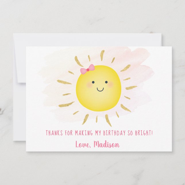 Cute Sunshine Pink & Gold Birthday Thank You Card (Front)