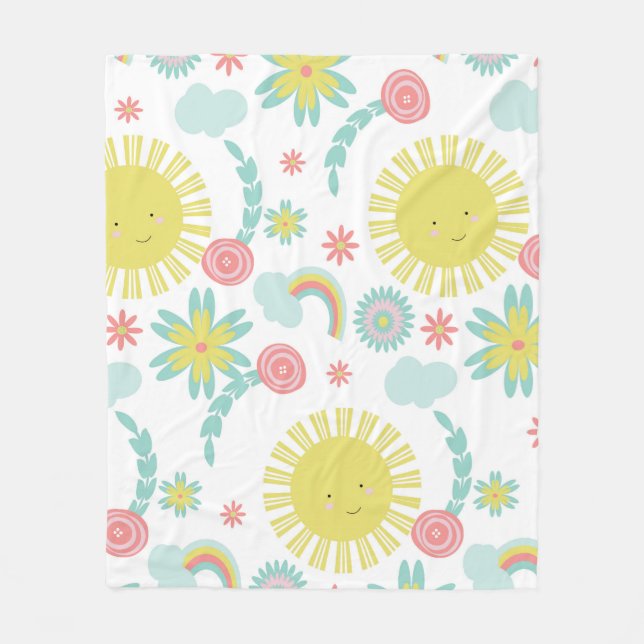 Cute Sunshine Rainbow Floral Summer  Fleece Blanket (Front)