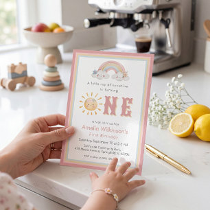 Cute Sunshine Rainbow ONE First Birthday Invitation