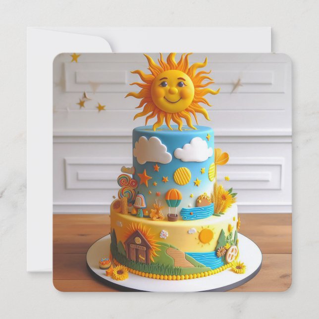 CUTE SUNSHINE THEMED DECORATED BIRTHDAY CAKE CARD (Front)