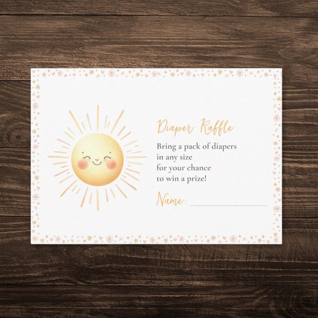 Cute Sunshine Themed Diaper Raffle Baby Shower  Enclosure Card (Adorable diaper raffle card featuring a cute smiling sun for a here comes the son baby shower.)