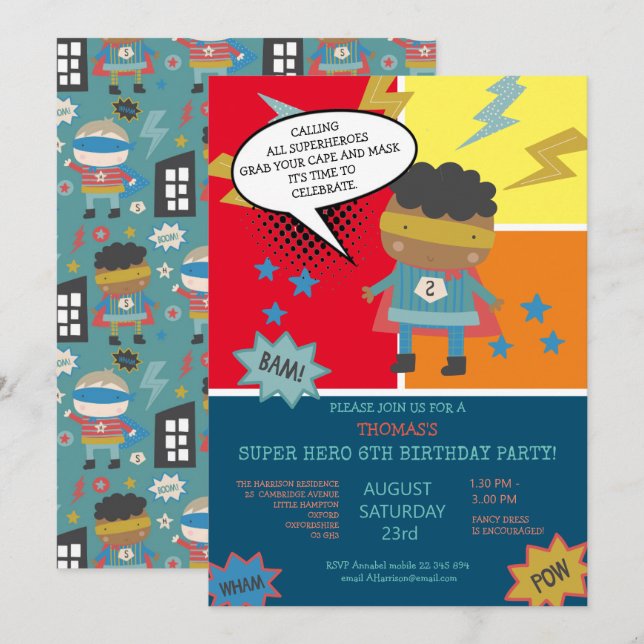 Cute super hero Comic book themed Children's  Invitation (Front/Back)