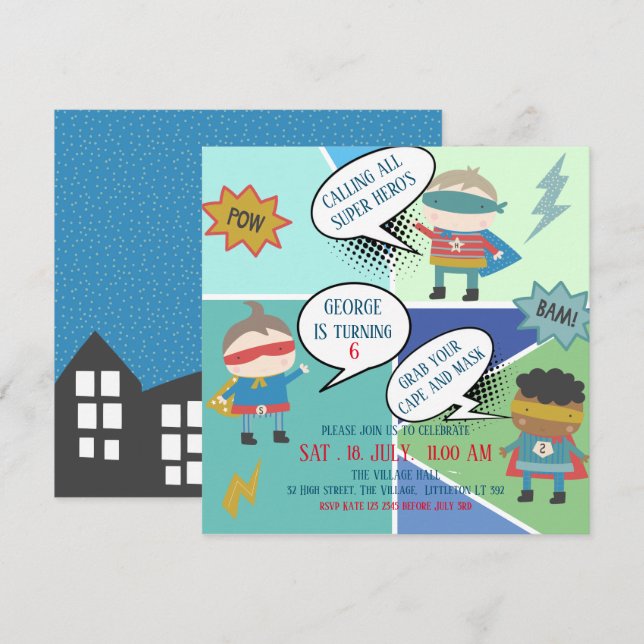Cute Super hero comic strip Kids Invitation  (Front/Back)