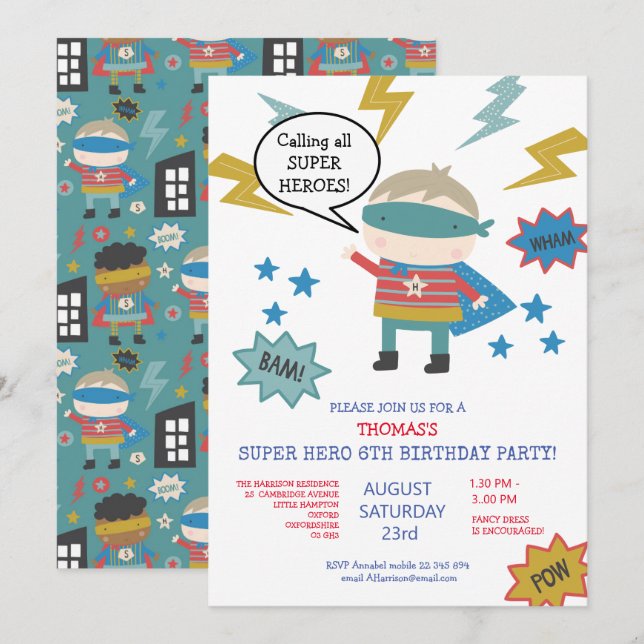Cute super hero themed Children's Party Invitation (Front/Back)