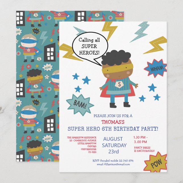 Cute super hero themed Children's Party Invitation (Front/Back)
