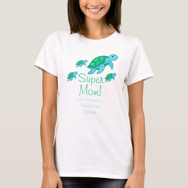 Cute "Super Mum" Tea Blue Sea Turtles Mother's T-Shirt (Front)
