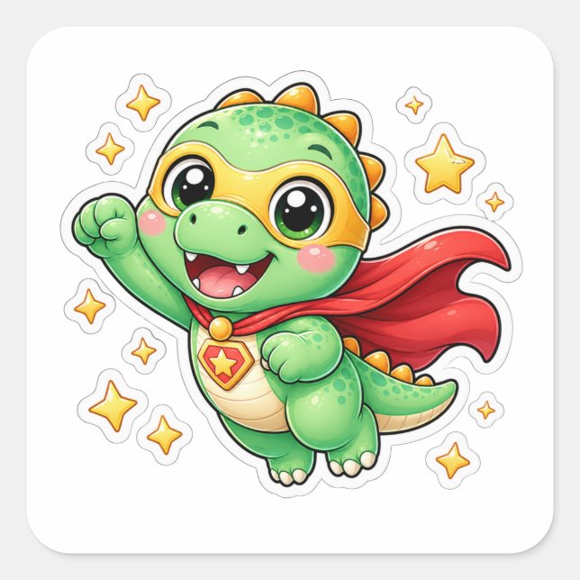 Cute Superhero Dinosaur Cartoon Square Sticker (Front)
