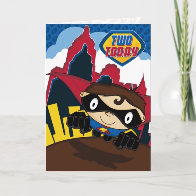Cute Superhero in City Scene Birthday Card (Front)
