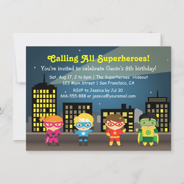 Cute Superhero Kids Birthday Party Invitations (Front)