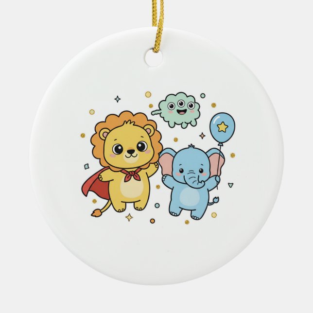 Cute Superhero Lion and Elephant Friends Cartoon Ceramic Tree Decoration (Front)