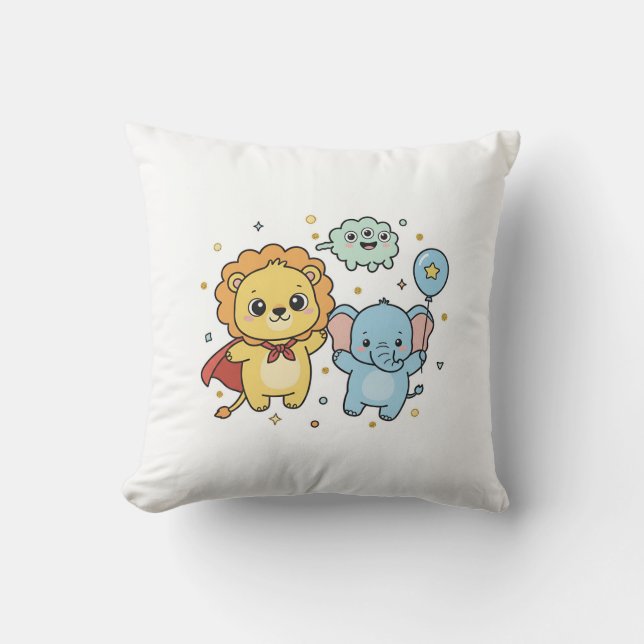 Cute Superhero Lion and Elephant Friends Cartoon Cushion (Front)