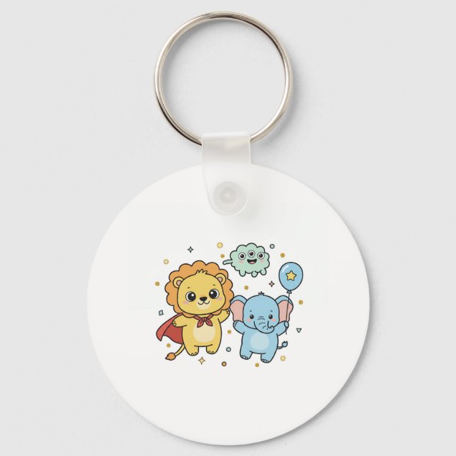 Cute Superhero Lion and Elephant Friends Cartoon Key Ring (Front)