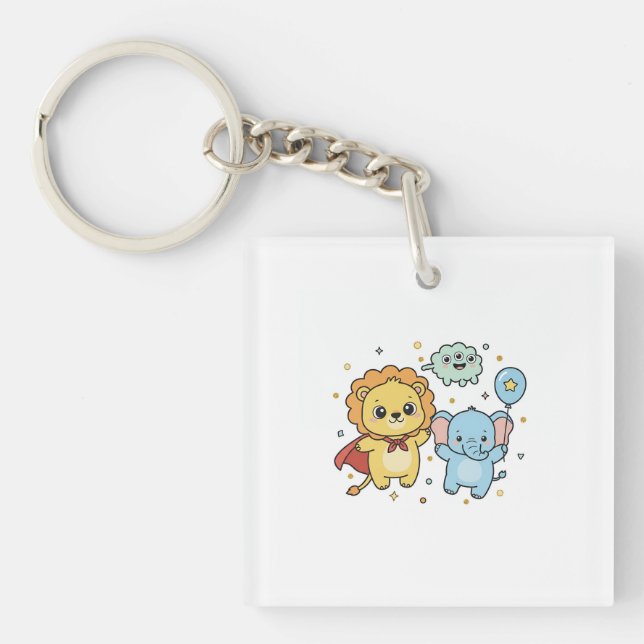 Cute Superhero Lion and Elephant Friends Cartoon Key Ring (Front)