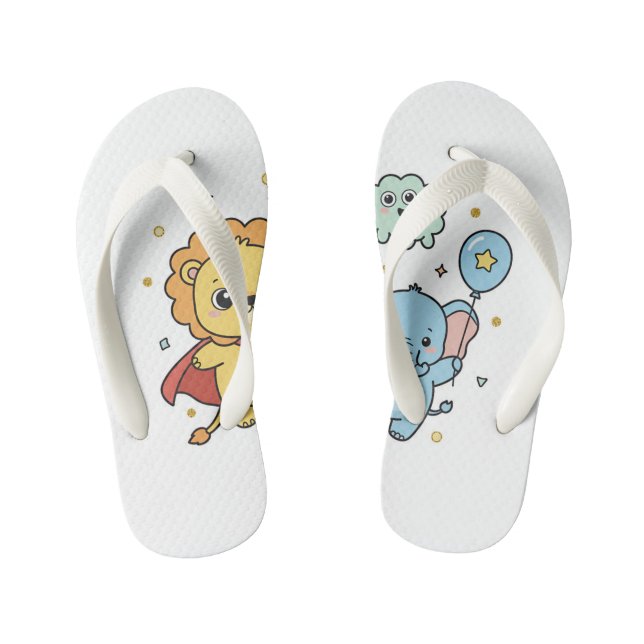 Cute Superhero Lion and Elephant Friends Cartoon Kid's Flip Flops (Footbed)
